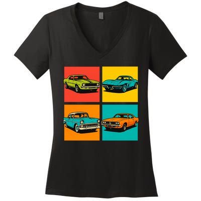 Vintage Classic Muscle Cars Pop Art Design Women's V-Neck T-Shirt