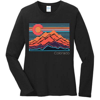 Vintage Colorado Mountain Landscape And Flag Graphic Ladies Long Sleeve Shirt