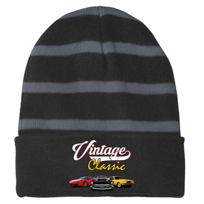 Vintage Classic Oldies Cars Striped Beanie with Solid Band