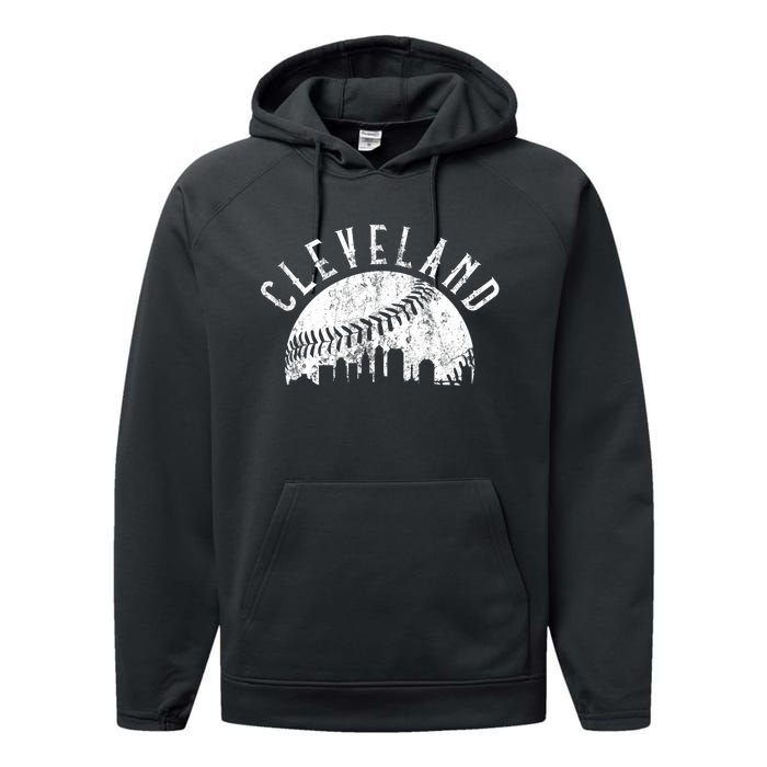 Vintage Cleveland Ohio Skyline Apparel Performance Fleece Hoodie