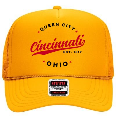 Vintage Cincinnati Ohio Queen City Red Text Meaningful Gift High Crown Mesh Back Trucker Hat