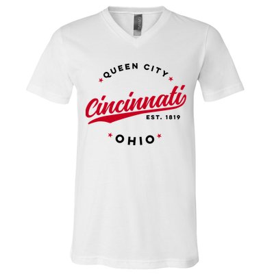 Vintage Cincinnati Ohio Queen City Red Text Meaningful Gift V-Neck T-Shirt