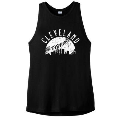 Vintage Cleveland Ohio Skyline Apparel Ladies PosiCharge Tri-Blend Wicking Tank