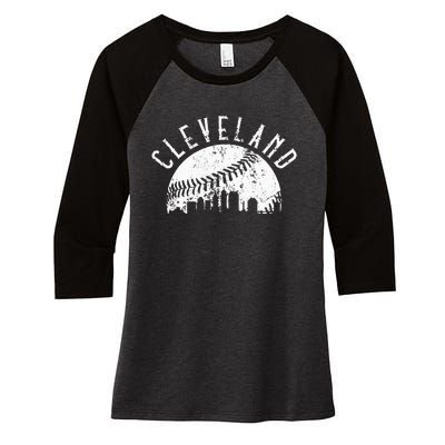 Vintage Cleveland Ohio Skyline Apparel Women's Tri-Blend 3/4-Sleeve Raglan Shirt