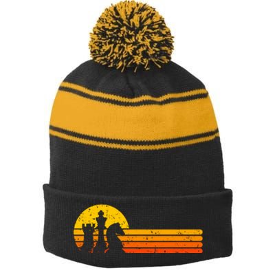 Vintage Chess Player Retro Sunset Design Chess Pieces Stripe Pom Pom Beanie