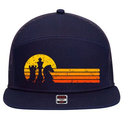 Vintage Chess Player Retro Sunset Design Chess Pieces 7 Panel Mesh Trucker Snapback Hat