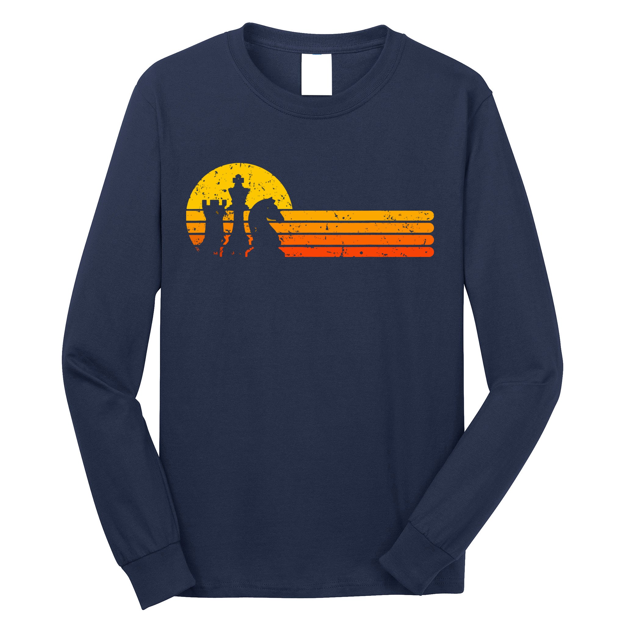 Vintage Chess Player Retro Sunset Design Chess Pieces Long Sleeve Shirt