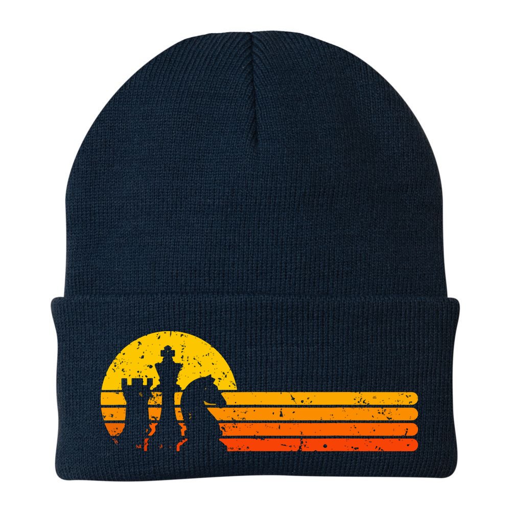 Vintage Chess Player Retro Sunset Design Chess Pieces Beanie