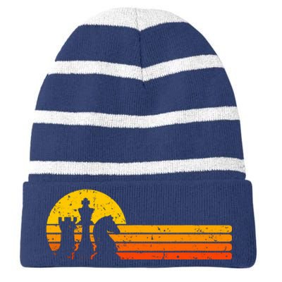 Vintage Chess Player Retro Sunset Design Chess Pieces Striped Beanie with Solid Band