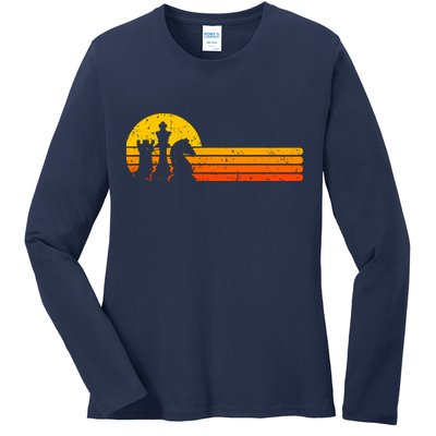 Vintage Chess Player Retro Sunset Design Chess Pieces Ladies Long Sleeve Shirt