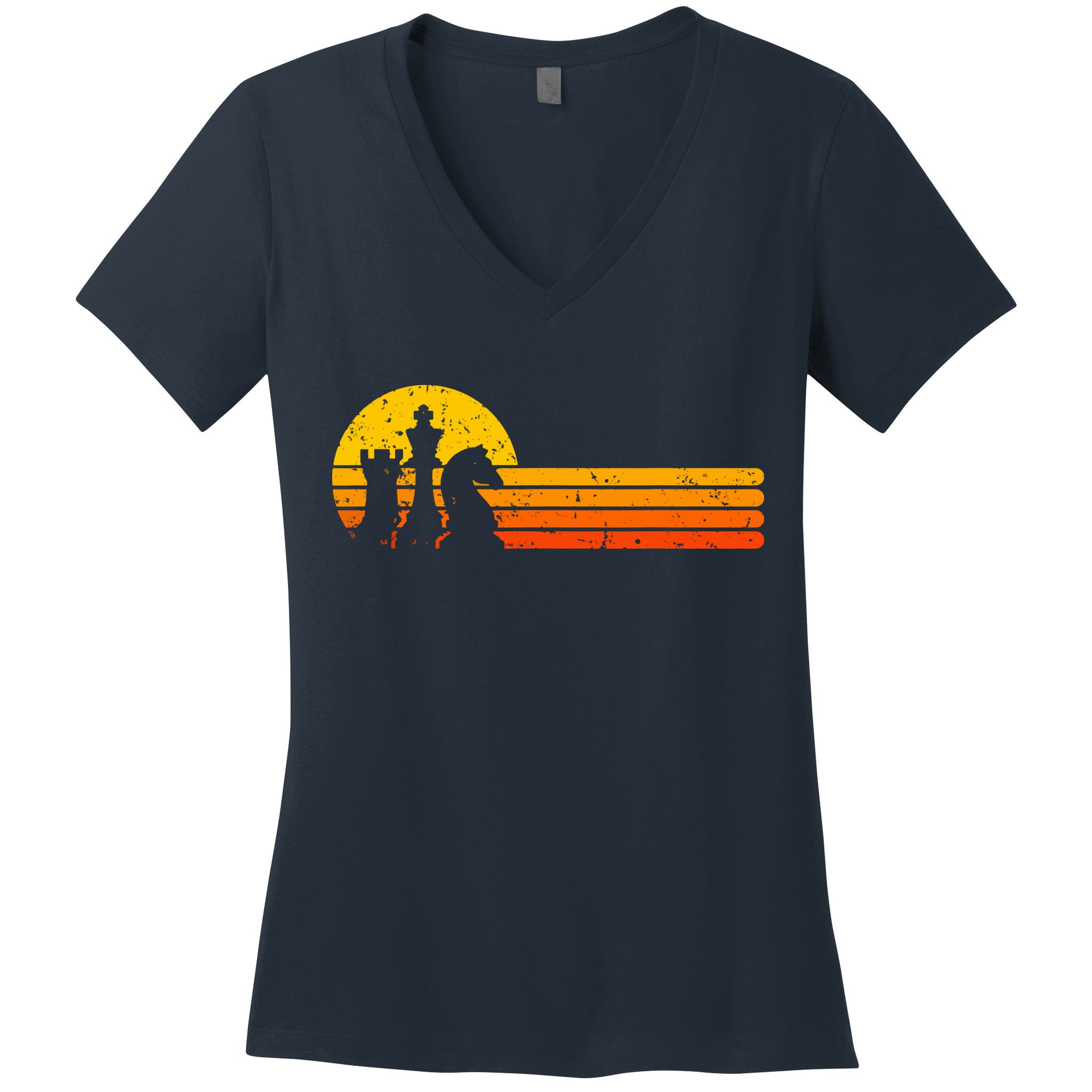 Vintage Chess Player Retro Sunset Design Chess Pieces Women's V-Neck T-Shirt