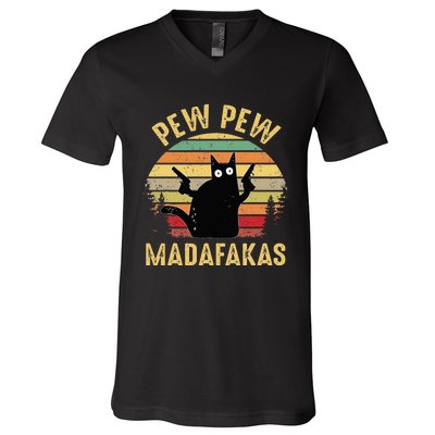 Vintage Cats Pew Pew Madafakas Funny Crazy Cat Lovers Gifts V-Neck T-Shirt