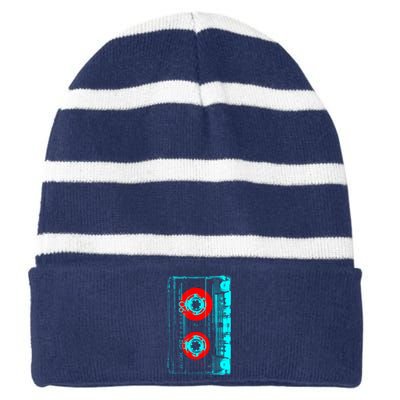 Vintage Cassette Pop Art Style Striped Beanie with Solid Band