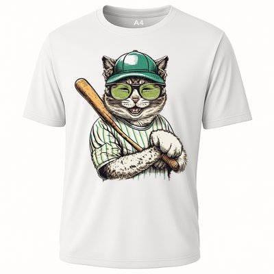 Vintage Cat Playing Baseball Baseball Bat Kitties Lover Cooling Performance Crew T-Shirt