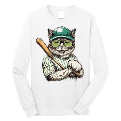 Vintage Cat Playing Baseball Baseball Bat Kitties Lover Long Sleeve Shirt