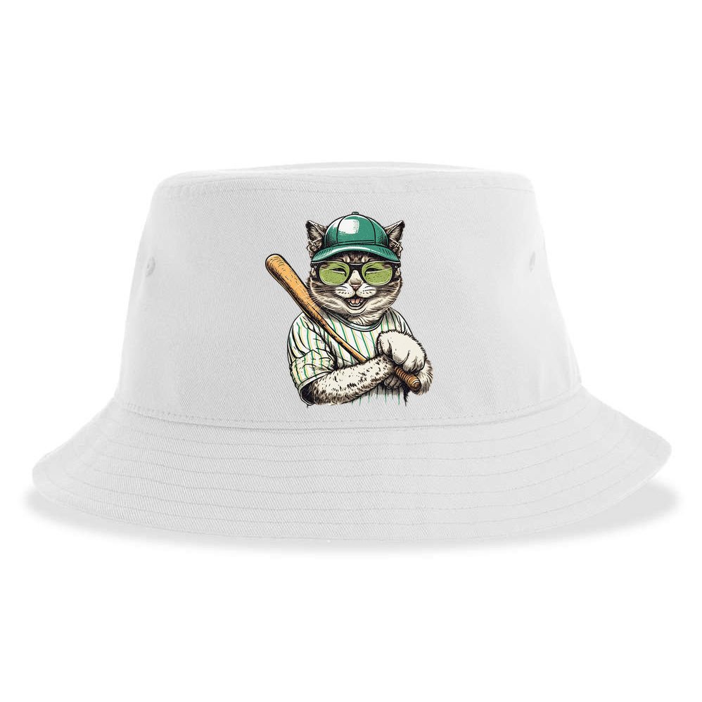 Vintage Cat Playing Baseball Baseball Bat Kitties Lover Sustainable Bucket Hat