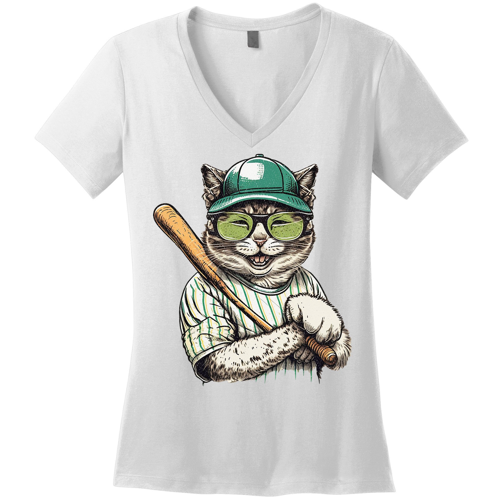 Vintage Cat Playing Baseball Baseball Bat Kitties Lover Women's V-Neck T-Shirt