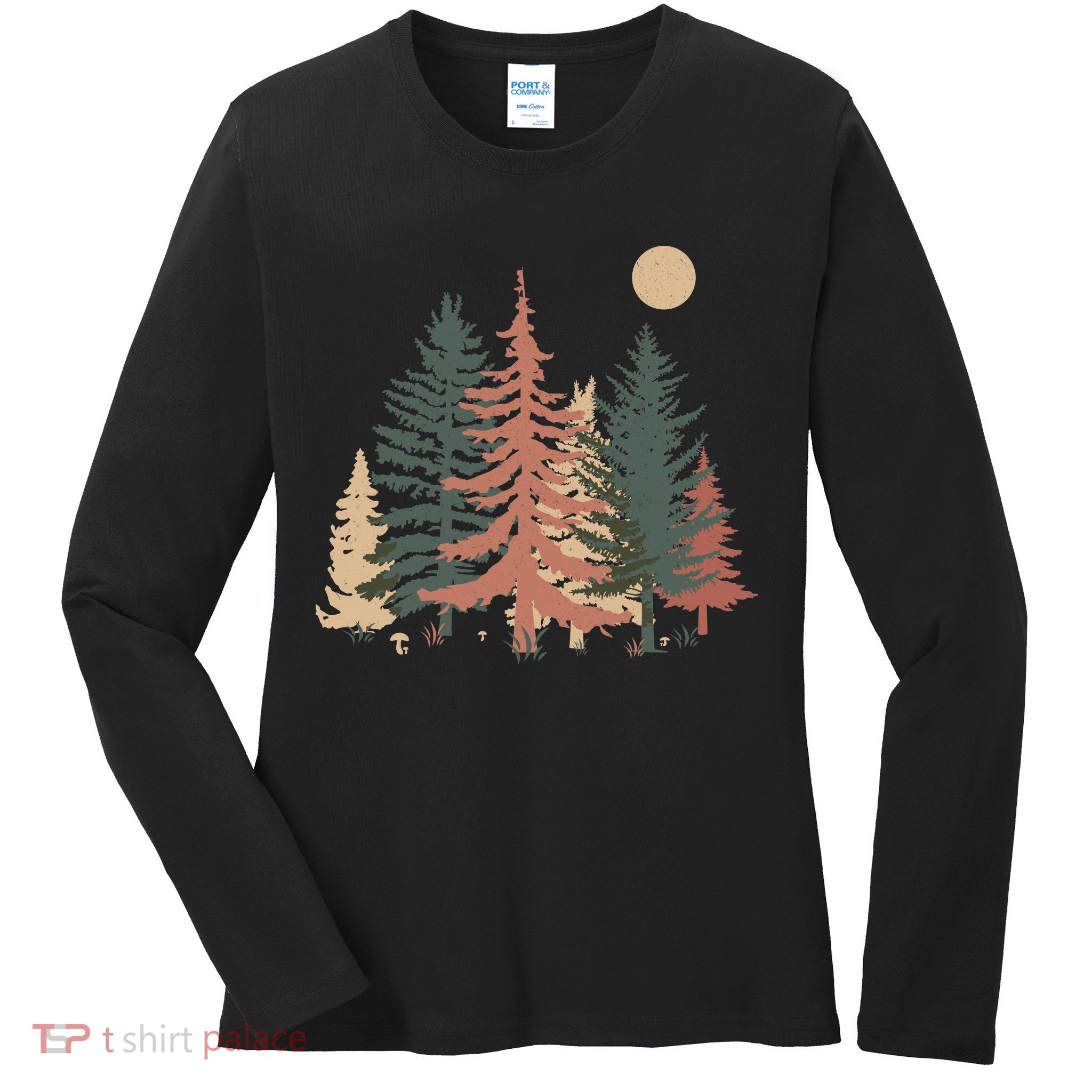 Vintage Colors Pine Tree Forest Ladies Long Sleeve Shirt