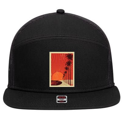 Vintage California Poster Sunset Beach 7 Panel Mesh Trucker Snapback Hat