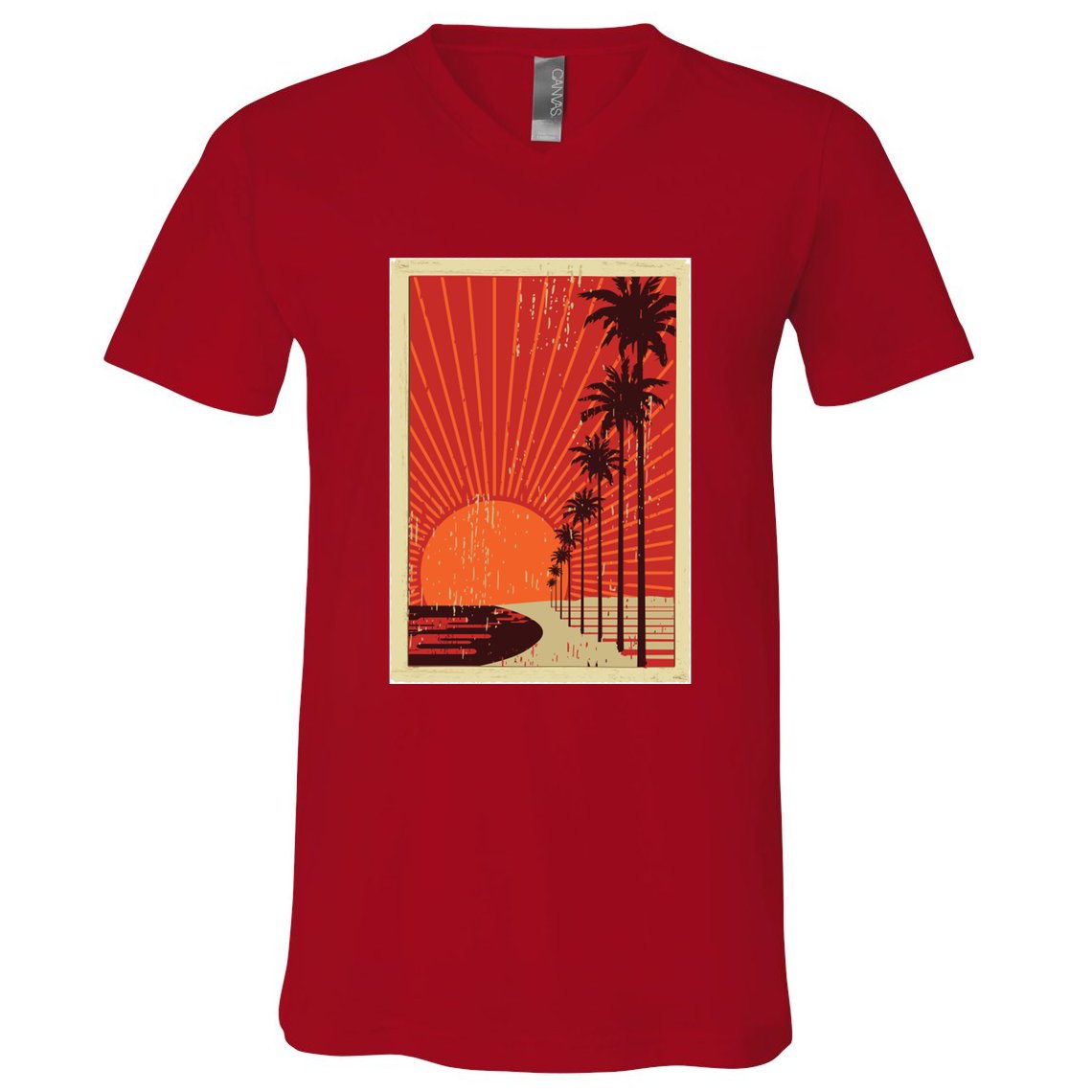 Vintage California Poster Sunset Beach V-Neck T-Shirt