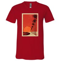 Vintage California Poster Sunset Beach V-Neck T-Shirt