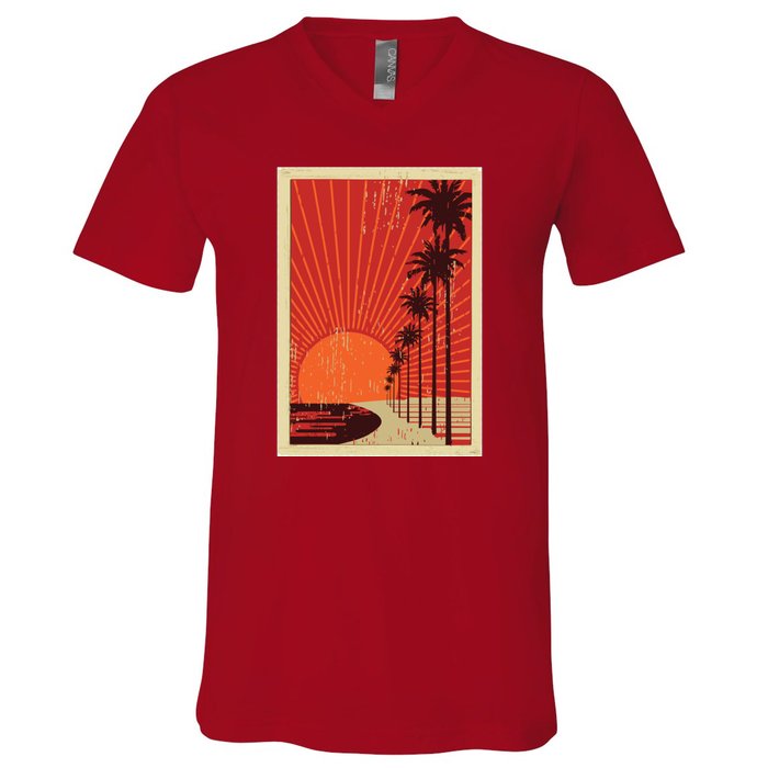 Vintage California Poster Sunset Beach V-Neck T-Shirt