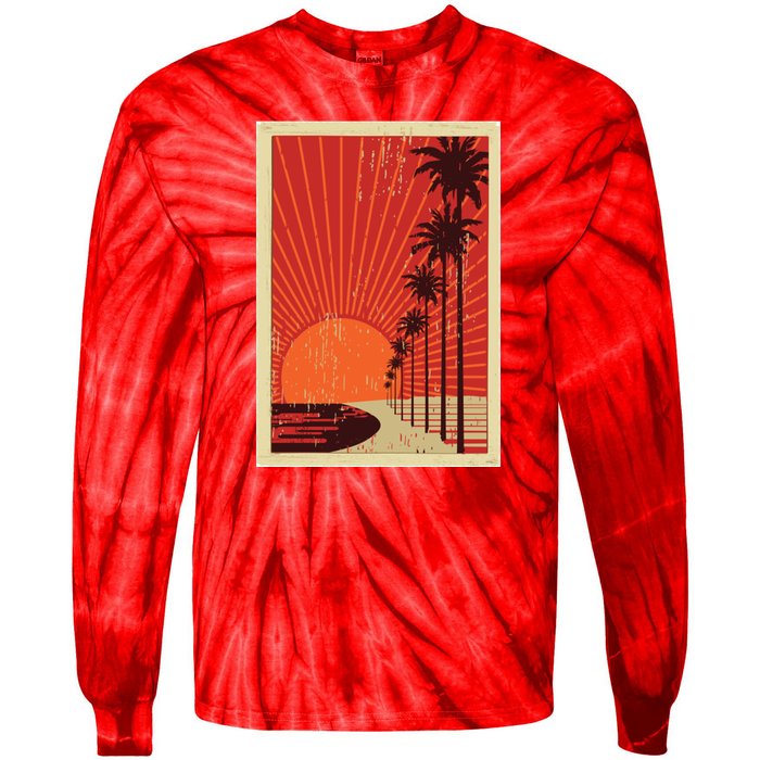 Vintage California Poster Sunset Beach Tie-Dye Long Sleeve Shirt