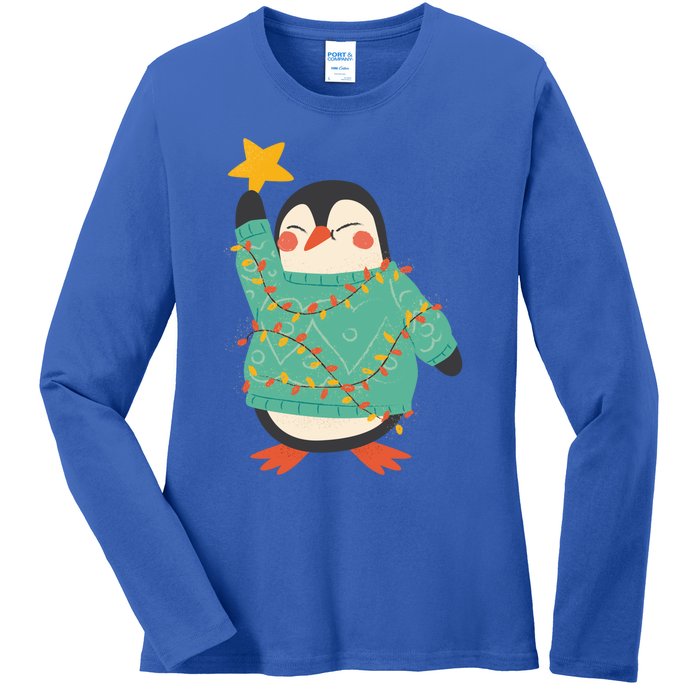 Vintage Christmas Penguin Funny Gift Ladies Long Sleeve Shirt