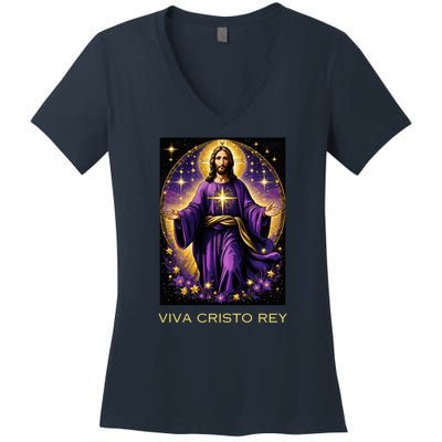 Viva Cristo Rey Roman Catholic Jesus Christ Women's V-Neck T-Shirt