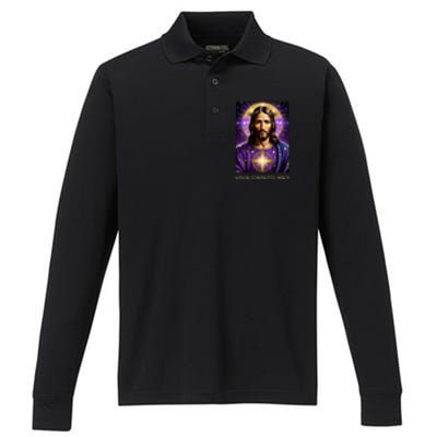 Viva Cristo Rey Catholic Jesus Christ The King Performance Long Sleeve Polo