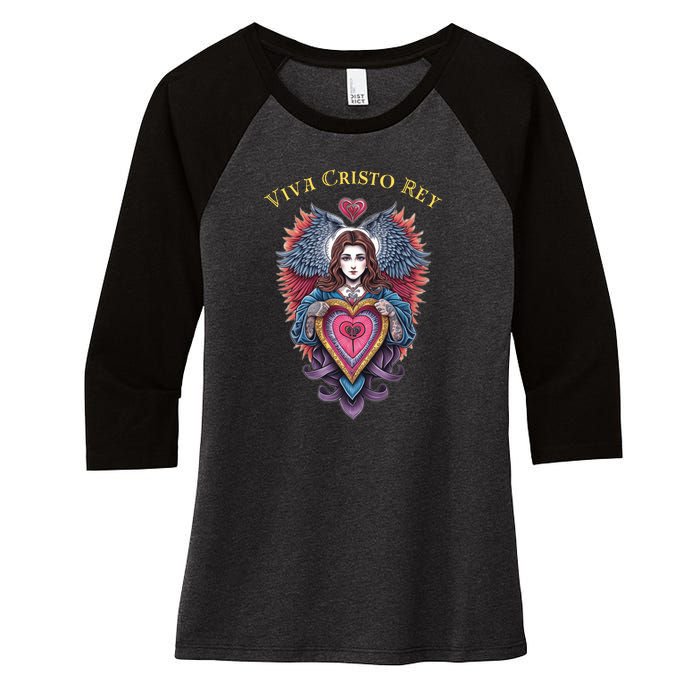 Viva Cristo Rey Sacred Heart Roman Catholic Women's Tri-Blend 3/4-Sleeve Raglan Shirt