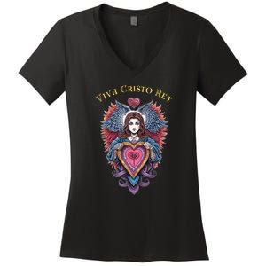 Viva Cristo Rey Sacred Heart Roman Catholic Women's V-Neck T-Shirt