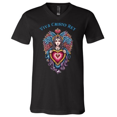 Viva Cristo Rey Sacred Heart Roman Catholic V-Neck T-Shirt