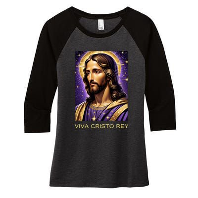 Viva Cristo Rey Catholic Jesus Christ The King Women's Tri-Blend 3/4-Sleeve Raglan Shirt