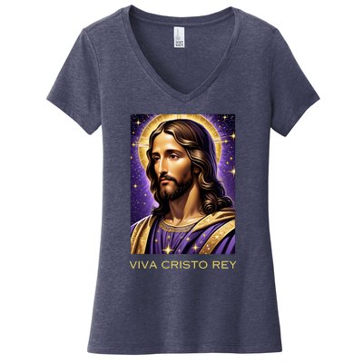 Viva Cristo Rey Catholic Jesus Christ The King Women's V-Neck T-Shirt