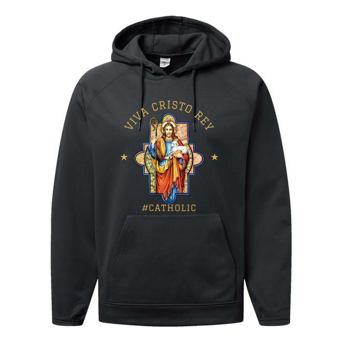 Viva Cristo Rey Roman Catholic Gift Performance Fleece Hoodie