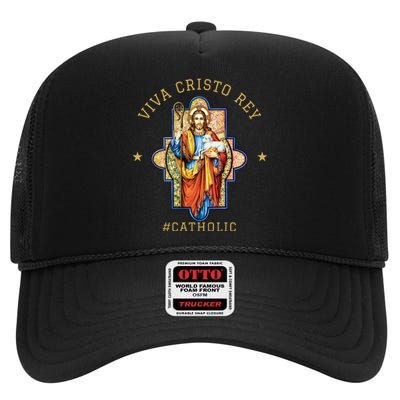 Viva Cristo Rey Roman Catholic Gift High Crown Mesh Back Trucker Hat