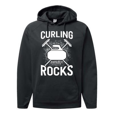 Vintage Curling Rocks Ice Curling Sport Curling Player Performance Fleece Hoodie