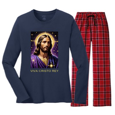 Viva Cristo Rey Catholic Jesus Christ The King Women's Long Sleeve Flannel Pajama Set 