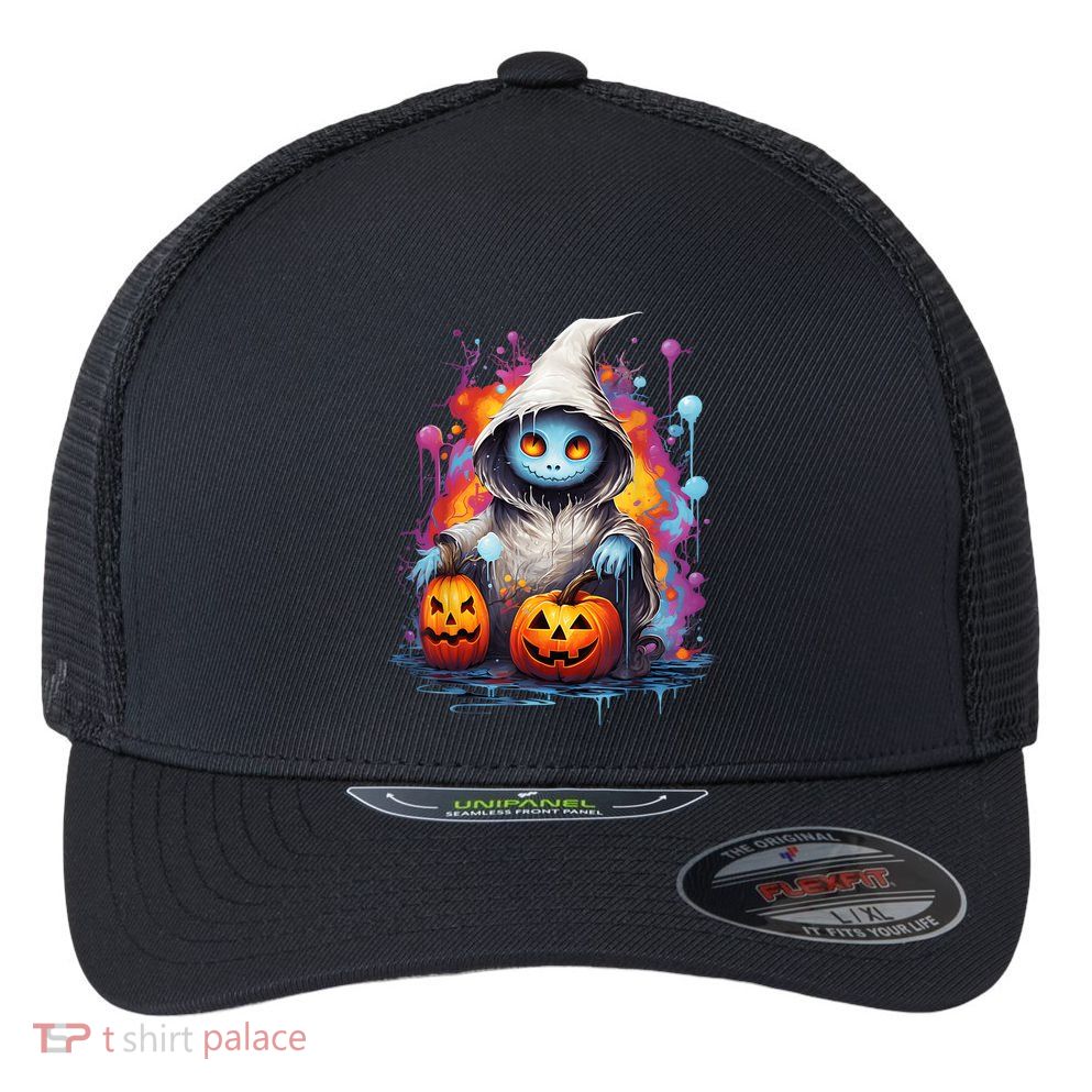 Vintage Costume Retro Scary Halloween Ghost And Pumpkins Flexfit Unipanel Trucker Cap