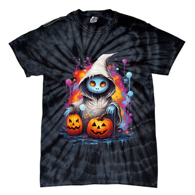 Vintage Costume Retro Scary Halloween Ghost And Pumpkins Tie-Dye T-Shirt