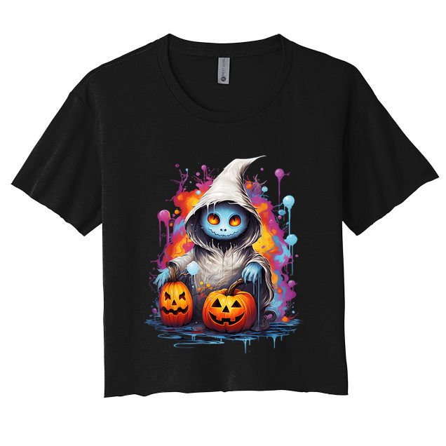 Vintage Costume Retro Scary Halloween Ghost And Pumpkins Crop Top