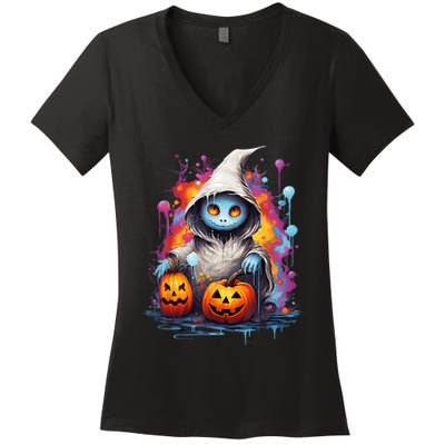 Vintage Costume Retro Scary Halloween Ghost And Pumpkins Women's V-Neck T-Shirt