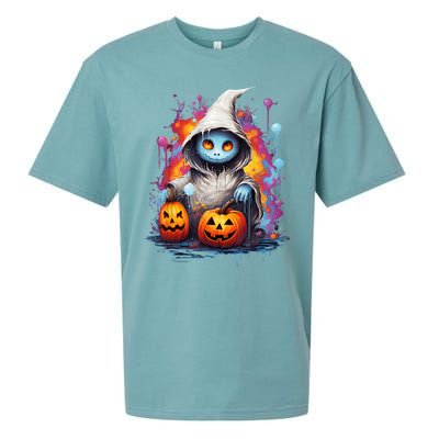 Vintage Costume Retro Scary Halloween Ghost And Pumpkins Sueded Cloud Jersey T-Shirt