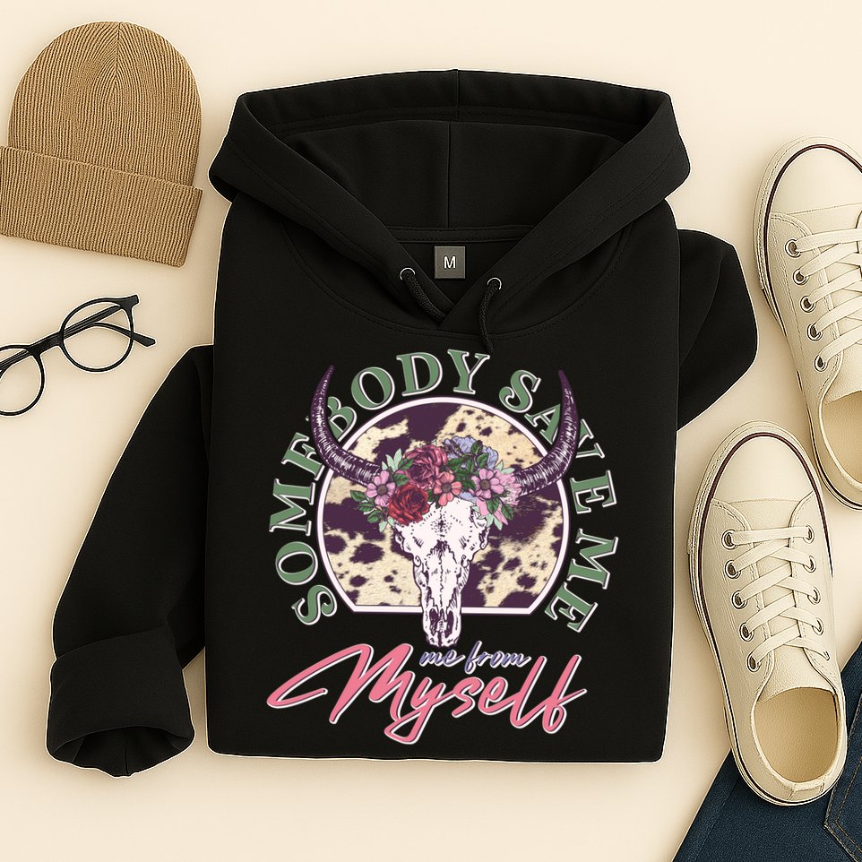 Vintage Cow Skull Somebody Save Me Me From Myself Hoodie