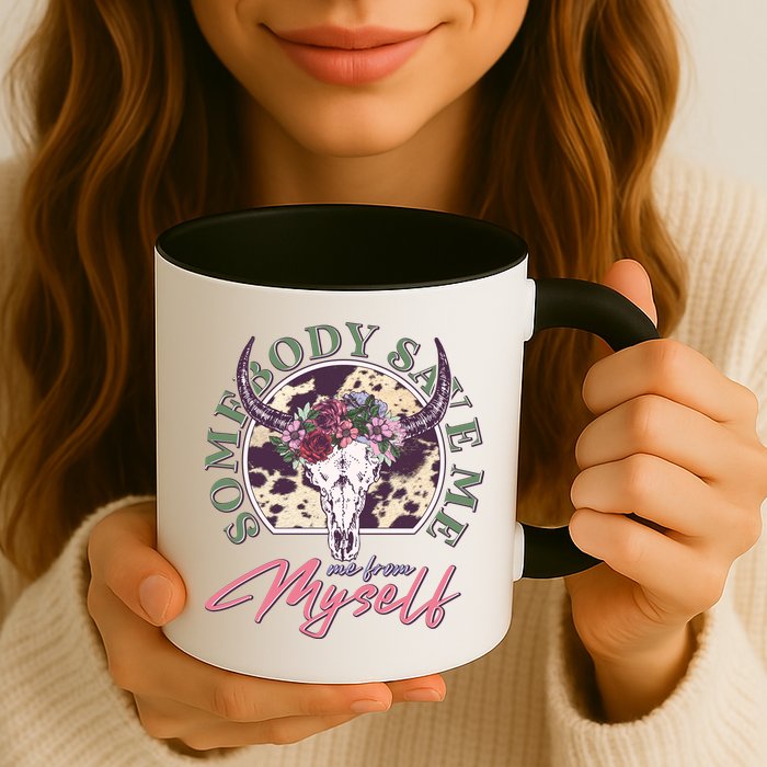 Vintage Cow Skull Somebody Save Me Me From Myself Mug