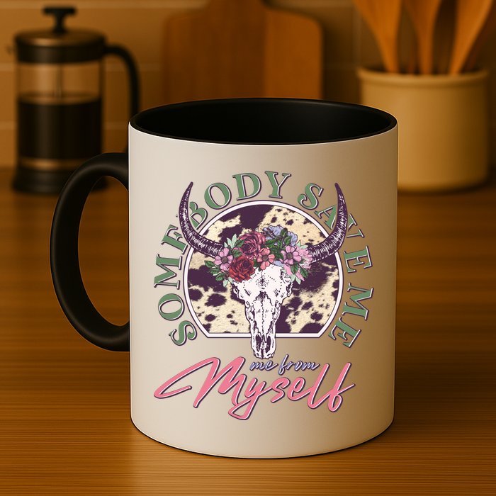 Vintage Cow Skull Somebody Save Me Me From Myself Mug