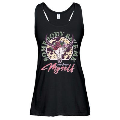 Vintage Cow Skull Somebody Save Me Me From Myself Ladies Essential Flowy Tank