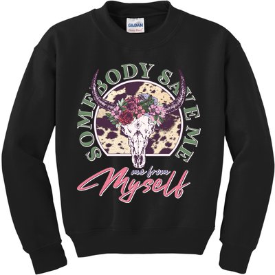Vintage Cow Skull Somebody Save Me Me From Myself Kids Sweatshirt
