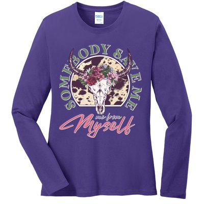Vintage Cow Skull Somebody Save Me Me From Myself Ladies Long Sleeve Shirt